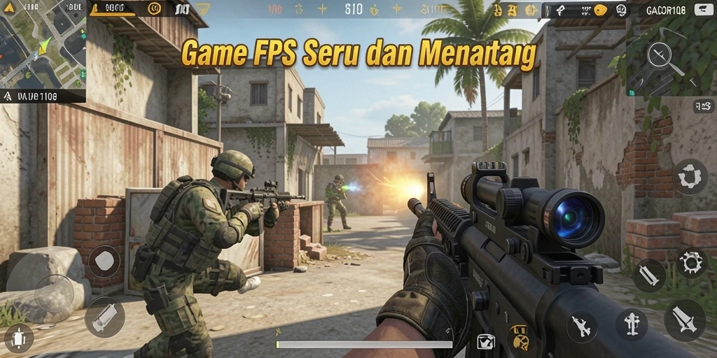Tangkapan layar GACOR108 menampilkan aksi intens dalam permainan FPS.