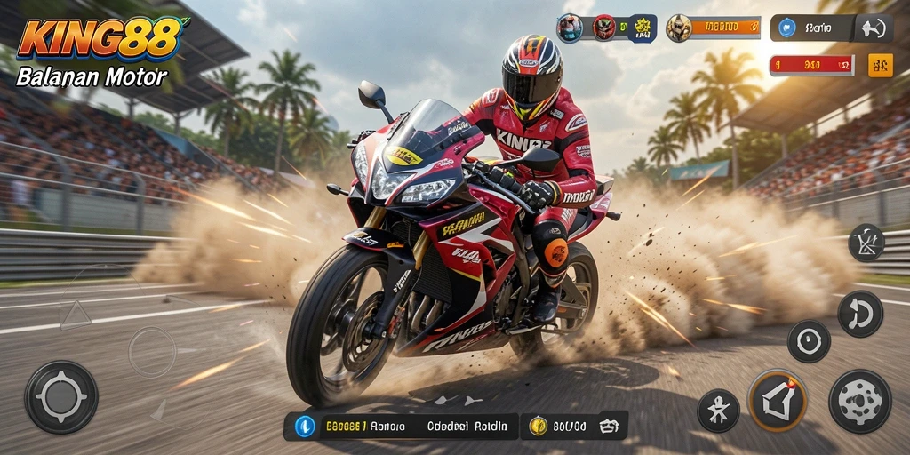 Gameplay KING88 yang mengasyikkan dengan aksi balapan motor yang seru.