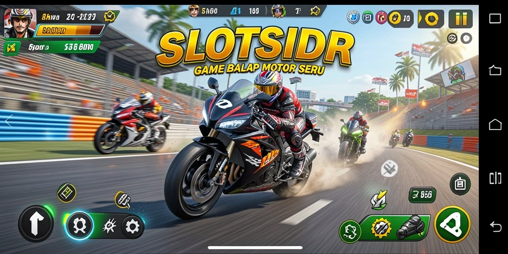 Screenshot gameplay SLOTSIDR yang menampilkan balapan motor seru.