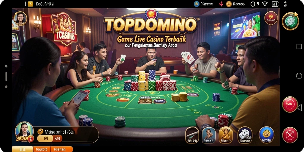 Tangkapan layar utama TOPDOMINO menampilkan dealer langsung yang ramah dalam game Live Casino.